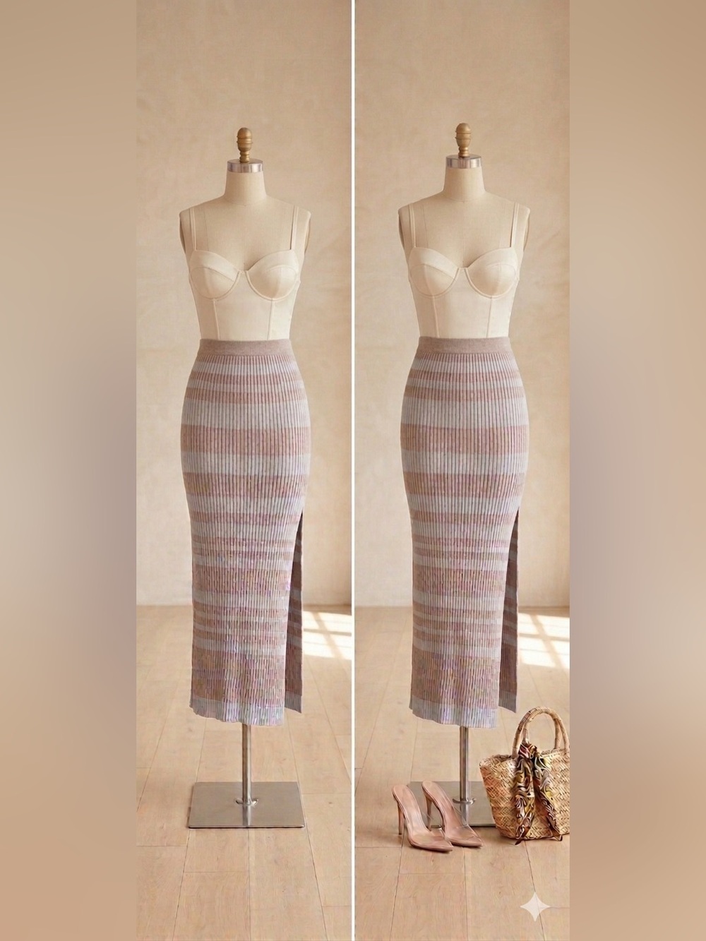Striped Pastel Knit Maxi Skirt - Women's Summer Pencil Skirt